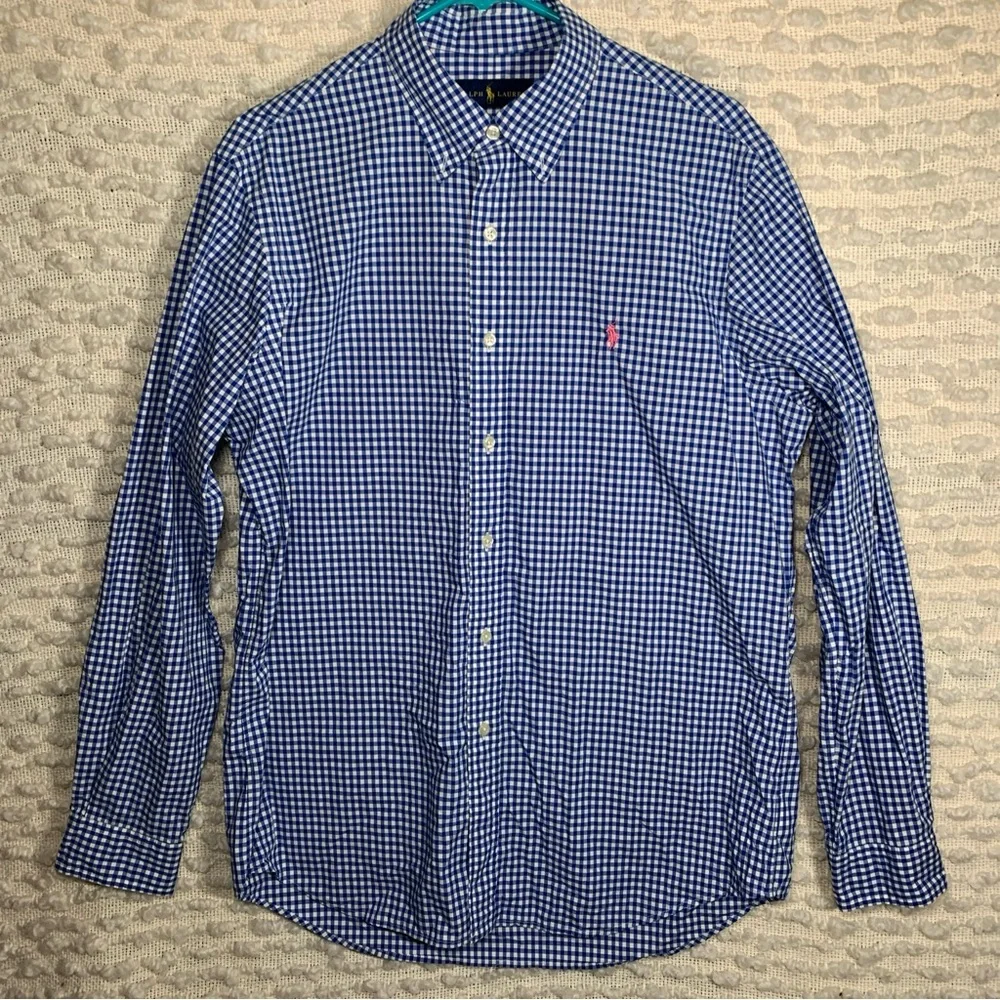 RALPH LAUREN MENS LARGE LONG SLEEVE PLAID SHIRT OXFORD LONG SLEEVE BLUE PINK PON